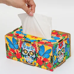 3D DIY Flower Skull Pattern Diamond Painting Tissue Box Handmade Mosaic Wooded Tissue Box  For Home Decor Desktop Diamond Art ﻿