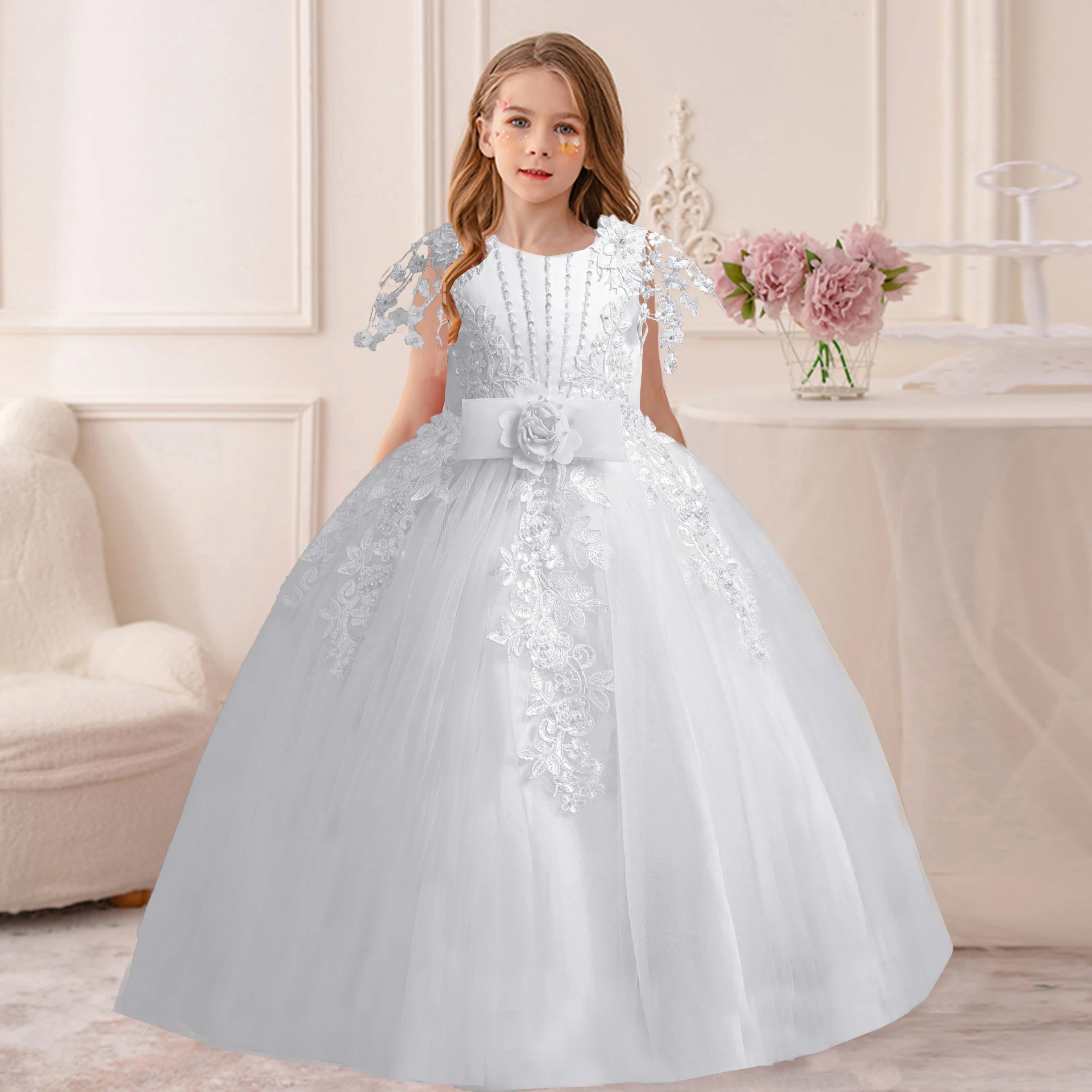 

HXCMall Little Big Girls Embroidered Bowknot Wedding Flower Girl Birthday Party Pageant Formal Dress AC135