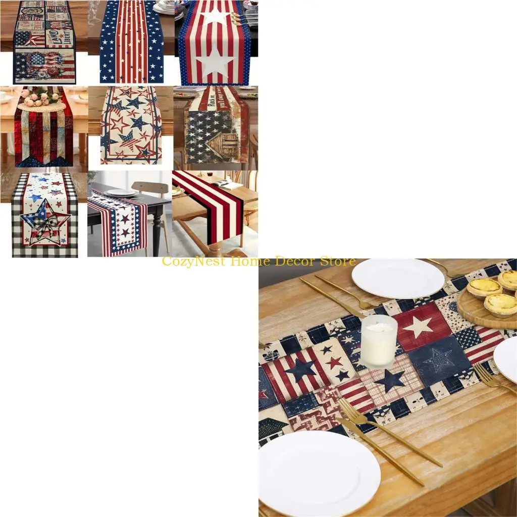 92MF Vintage Flag Table Runner for Independence Day Slip-Proof Linen Fabric Tablecloth for Dinning and Elegant Table Setting