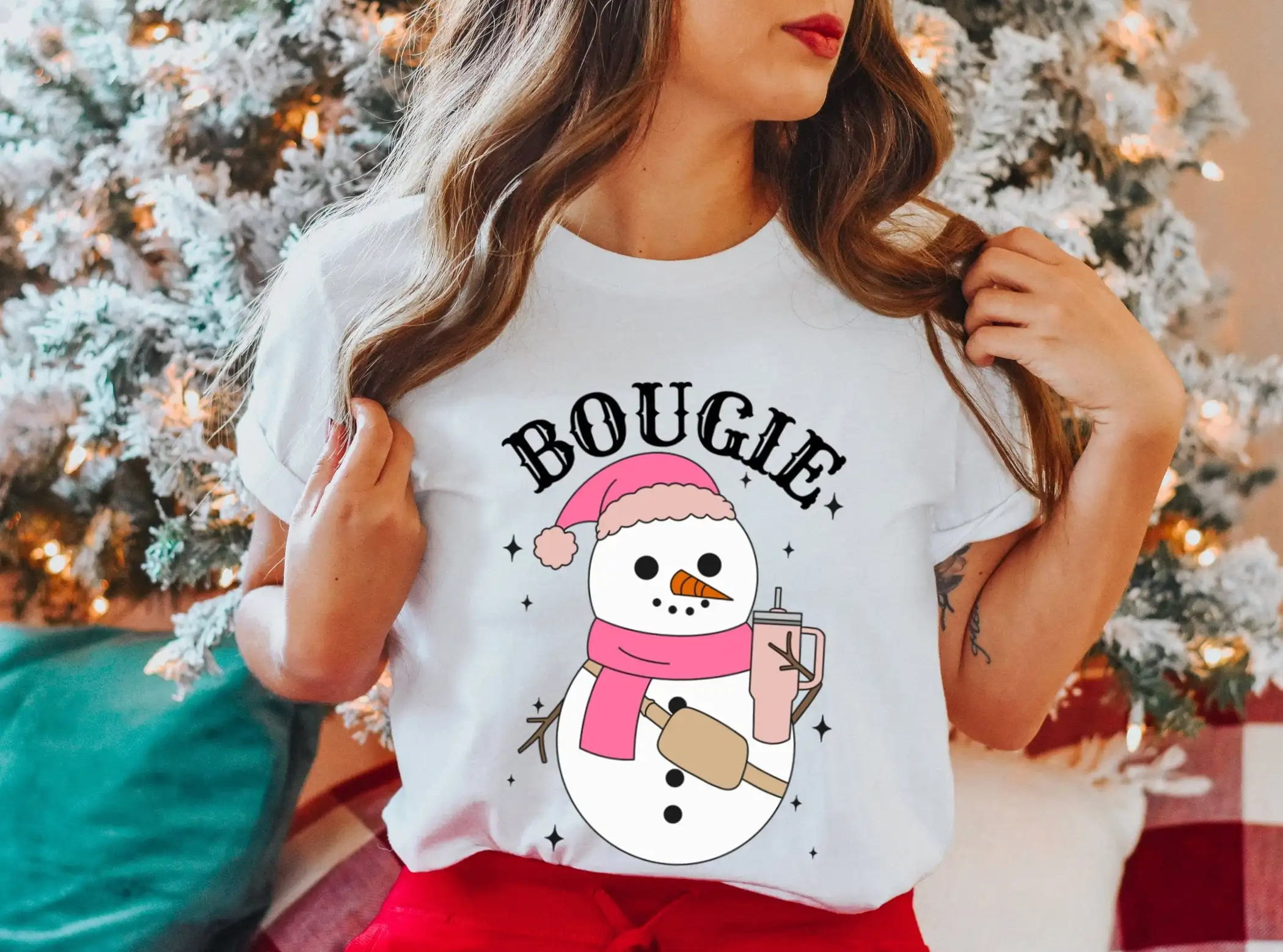 Bougie Snowman T Shirt Women Cute Christmas with Belt Bag and Tumbler Funny Boojee