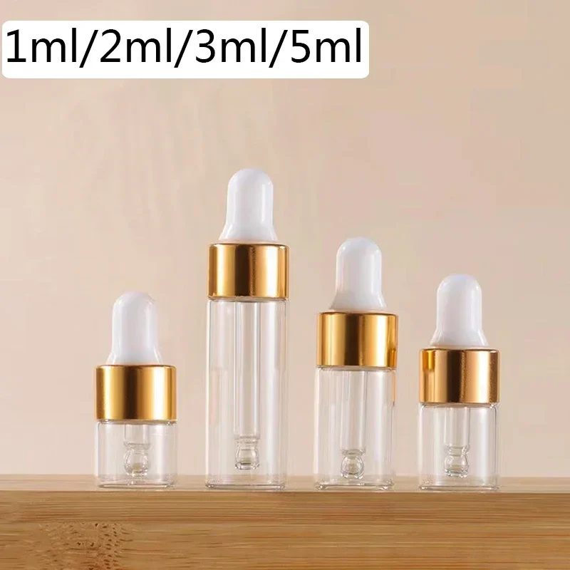 1PC Hot 2/3ml Glass Dropper Bottle Empty Transparent Gold Cap Perfume Pipette Essential Oil Aromatherapy Small Samples Bottles