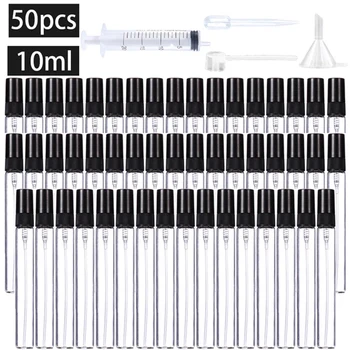 50pcs 4 accessories 10ML refillable glass spray bottle 50 spray bottles with 1 dropper, 1 funnel, 1 dispenser Divan, 1 syringe