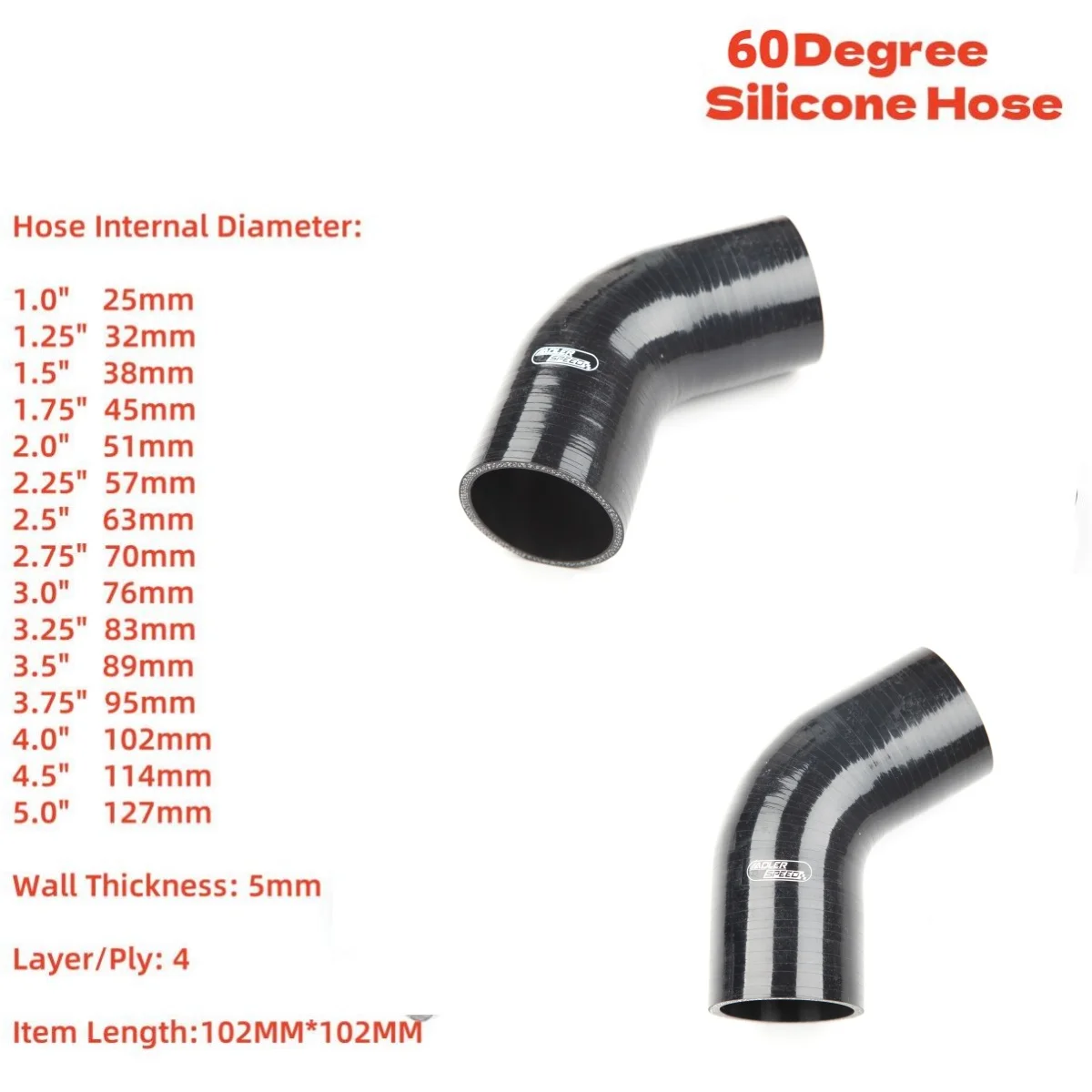 

60 degree Silicone Elbow Hose 38 45 51 57 63 70 76 83 89MM Rubber Joiner Bend Tube for Intercooler Cold Air Intake Hose
