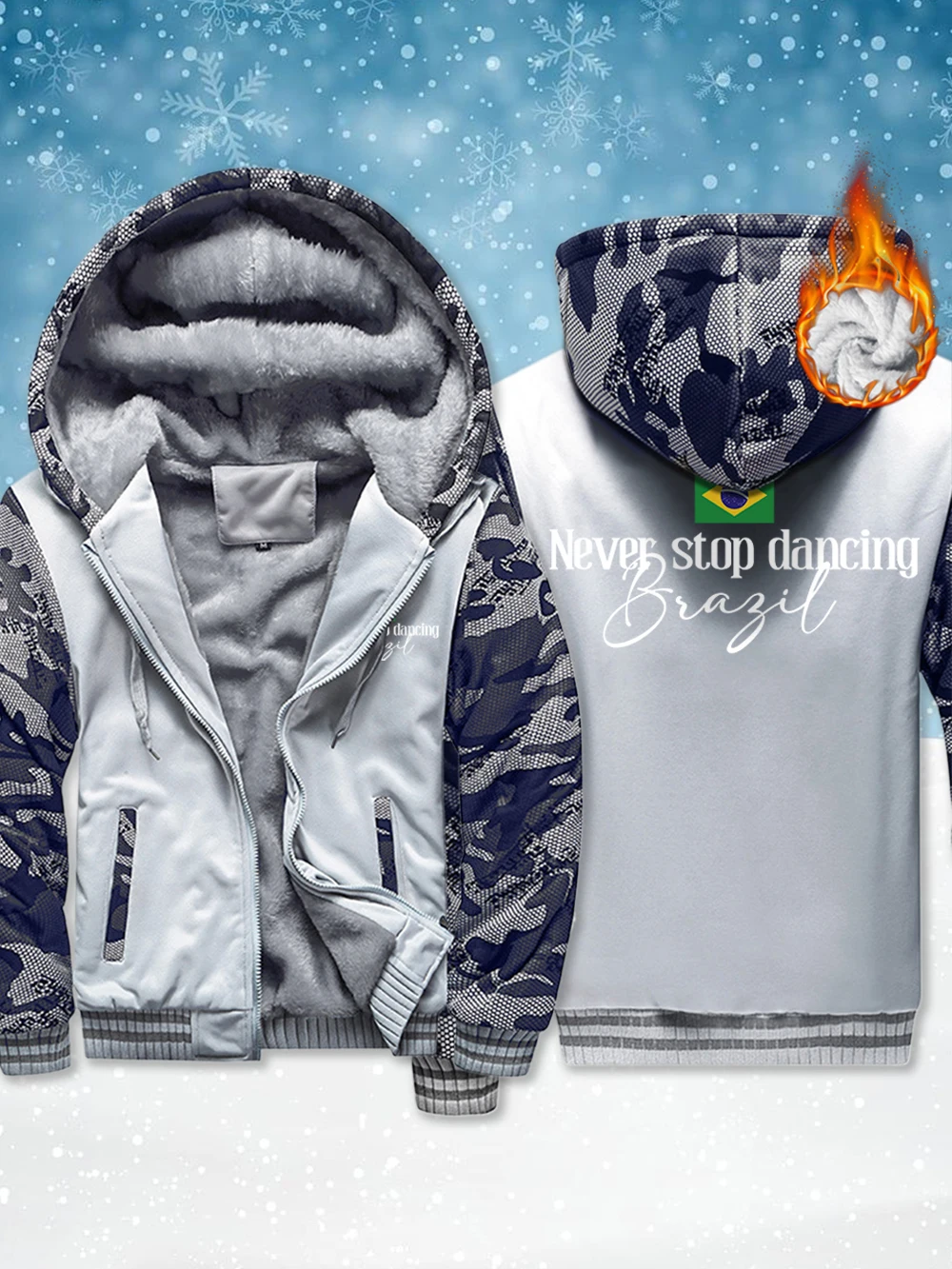 

Never Stop Danceing Brazil Printed Men Zipper Jackets Winter Windproof Thicken Outerwear Thermal Fleece Warm Coats Male Tops