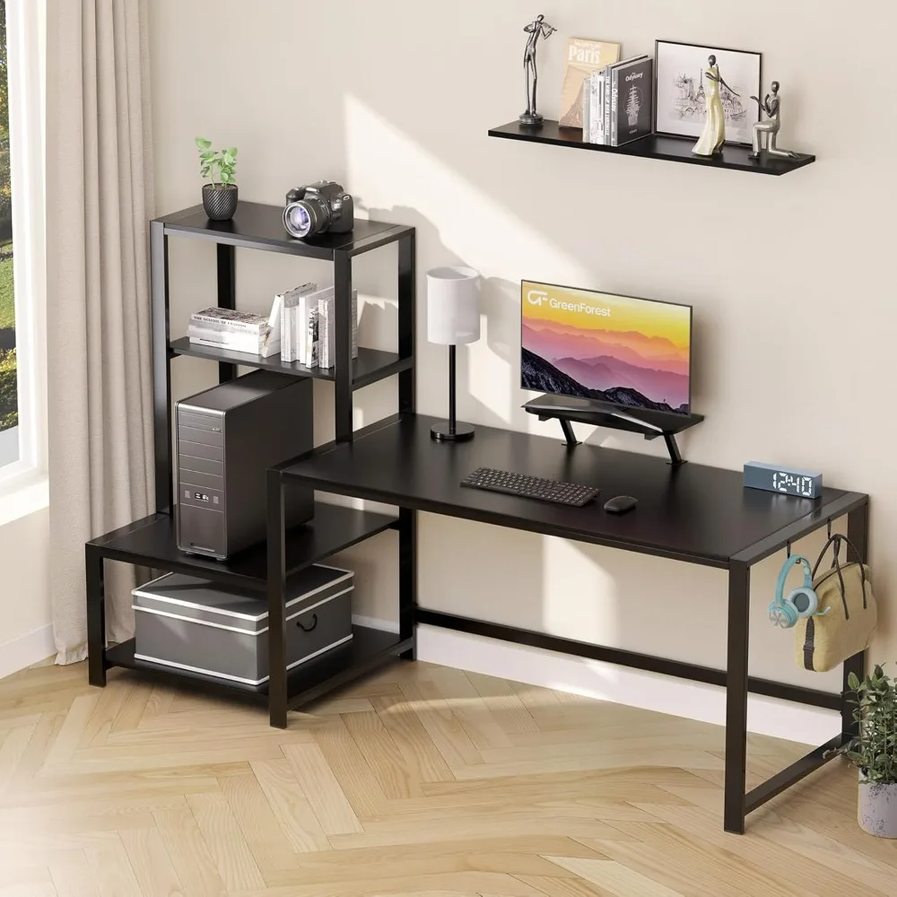 

Computer Desk 67 inch with Printer Shelf, Reversible Office Desk with Monitor Stand and 2 Hooks, Home Workstation fo