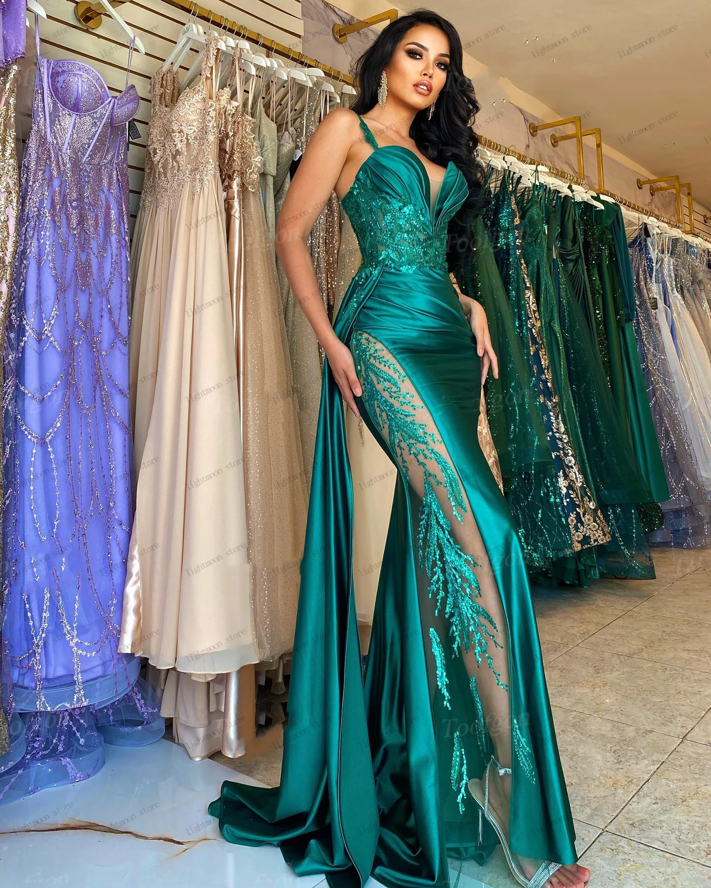 Gorgeous Evening Dresses Satin Sheath Mermaid Lace Appliques Sexy Spaghetti Straps Prom Dress Vestidos De Gala Customized 2025