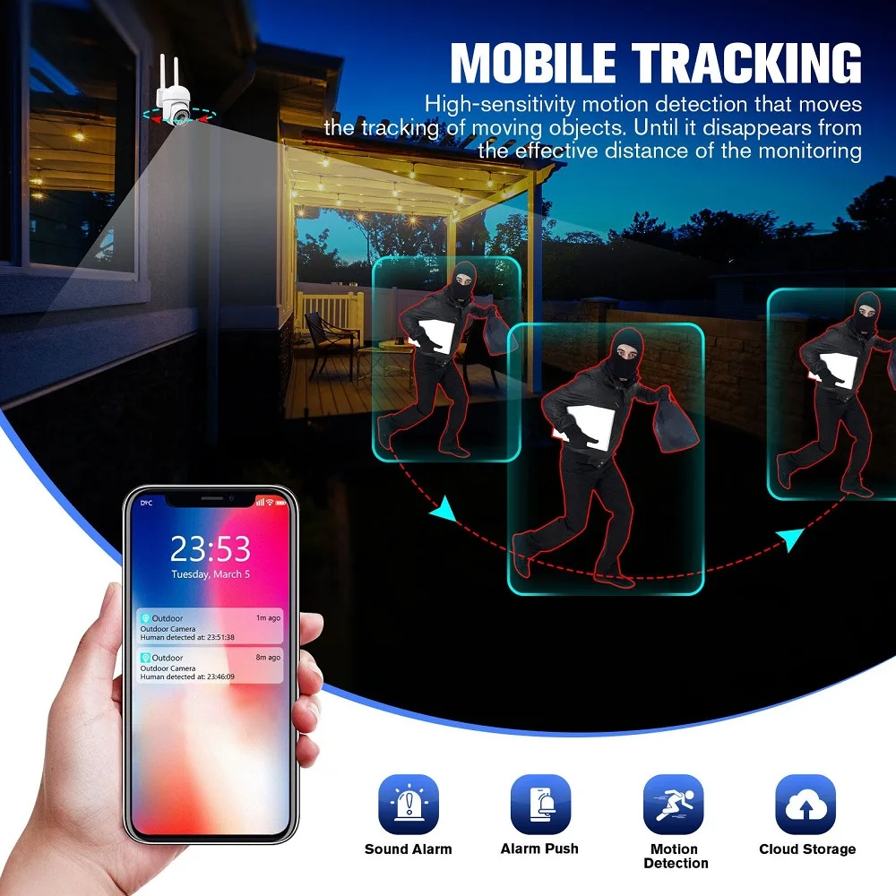 WiFi Camera PTZ AI Human Detection Monitor Outdoor Color Night Vision CCTV Surveillance Cameras 28 LED Security IP Camera