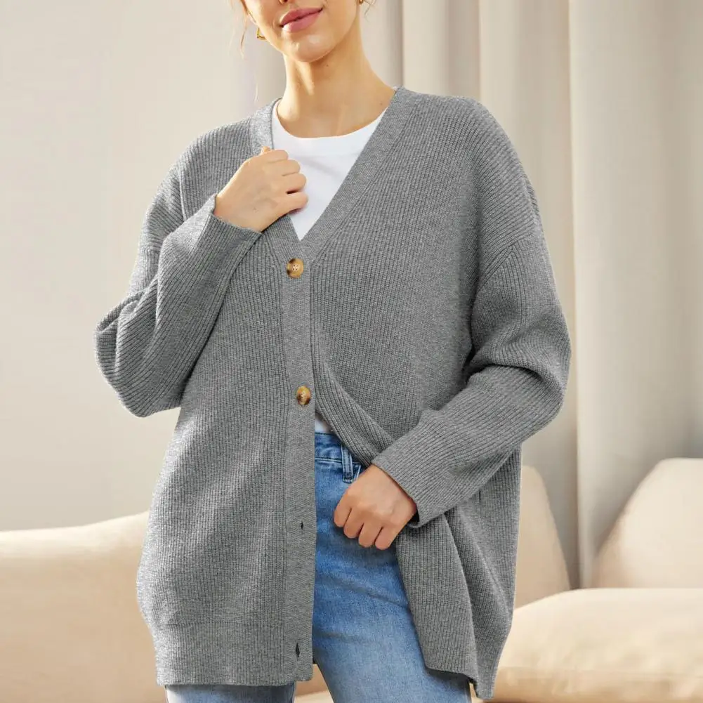 

Versatile Sweater Jacket Stylish Women's V-neck Sweater Coat Loose Fit Ribbed Knitting Cardigan Outwear for Autumn Winter Warm