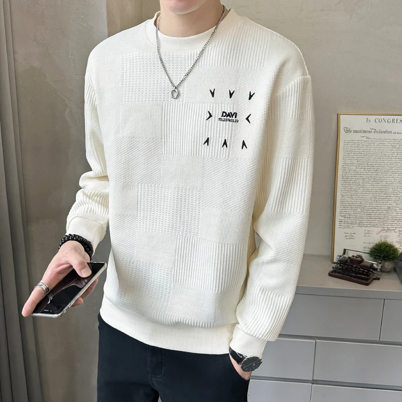 

Laid-ba Sle round Ne Knitted Long Sve Men's Sweatirt Casual Versatile Spring Autumn White T-irt Inner Wear Top