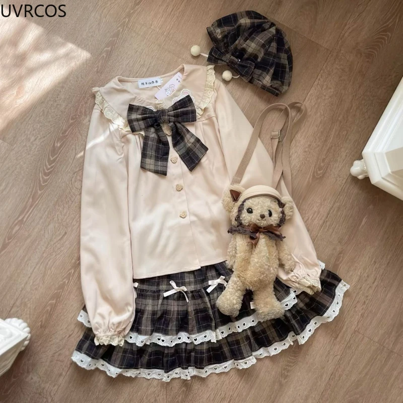 Jesień Zima Preppy Style Plaid Mini Spódniczka Kobiety Kawaii Lace Patchwark Bow Pleated Skirts Japanese Sweet Cute A-Line Cake Skirt