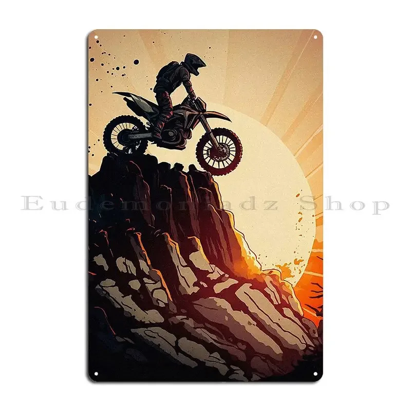 Dirt Biker Stunt On Top Of A Ridge Against The Sunset Anime Style Metal Plaque Poster Garage Club Customize Kitchen Create