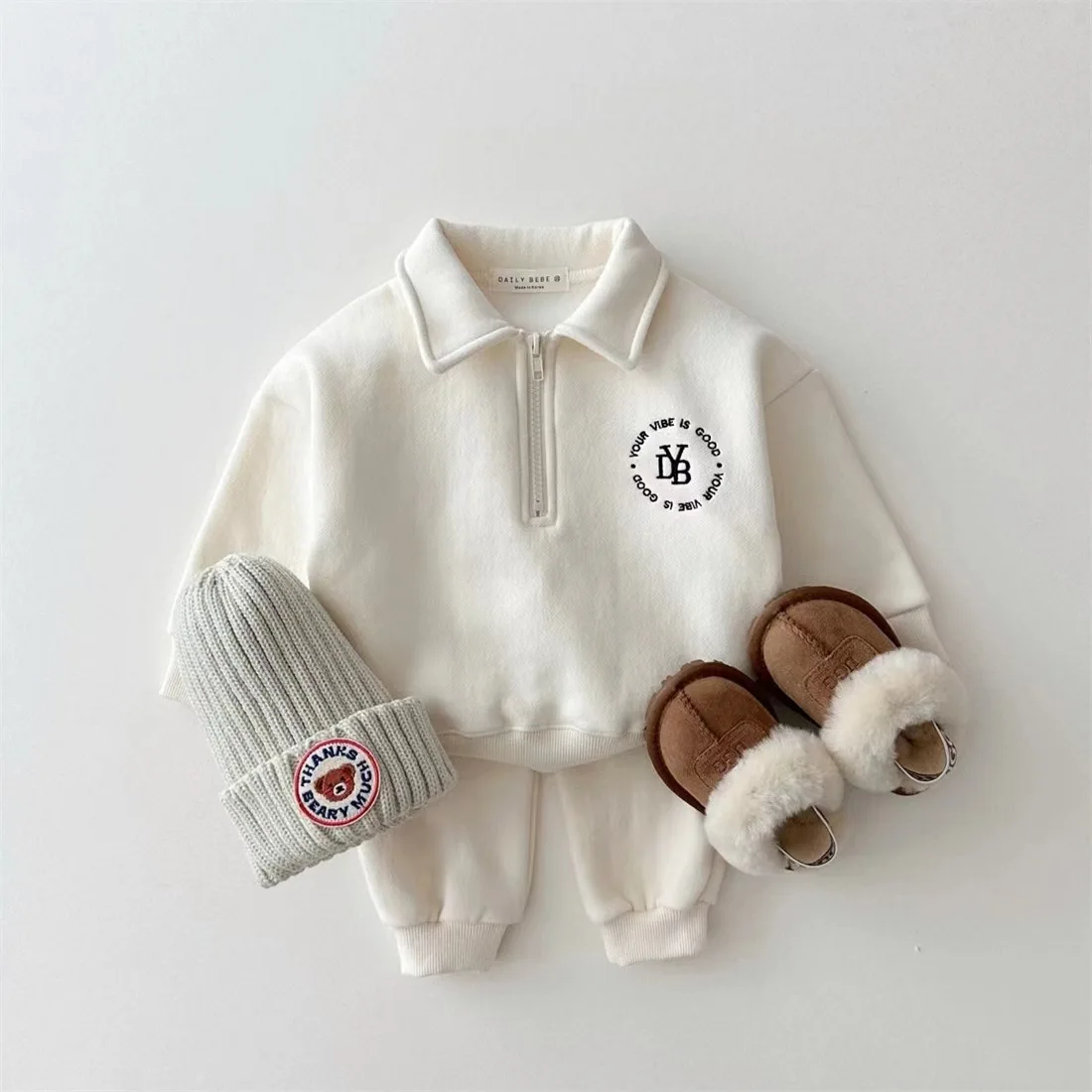 2025 Winter New Baby Lapel Fleece Sweatshirt + Pants Set Infant Girl Plus Velvet Thick Warm Sweat Suit Kids Boys Casual Outfits