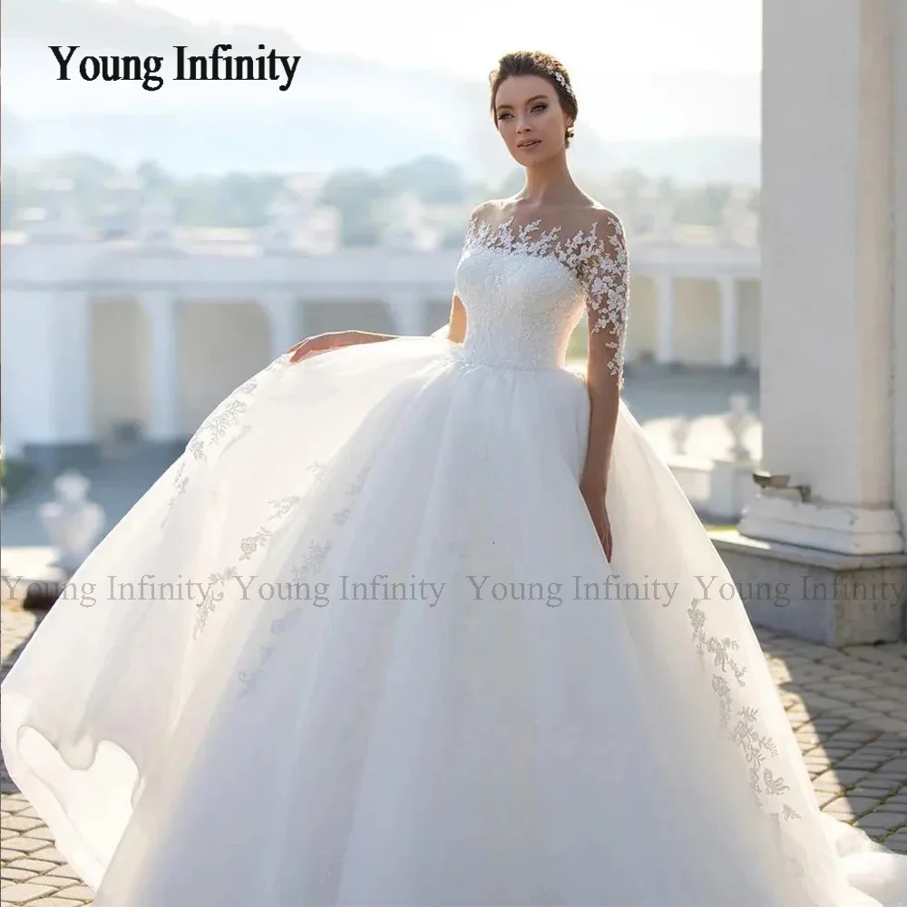 Elegant Fluffy Wedding Dresses Bridal Gown Round Neck Long Sleeves Vestidos De Novia Beautiful Bridal Dresses Lace Applique