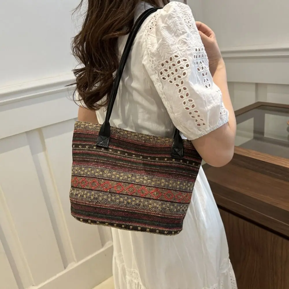 Strip Ethnic Style Hand Bags Large Capacity Woven Bag Embroidery Shoulder Bag Handbag Geometric Bohemian Tote Bag Outdoor