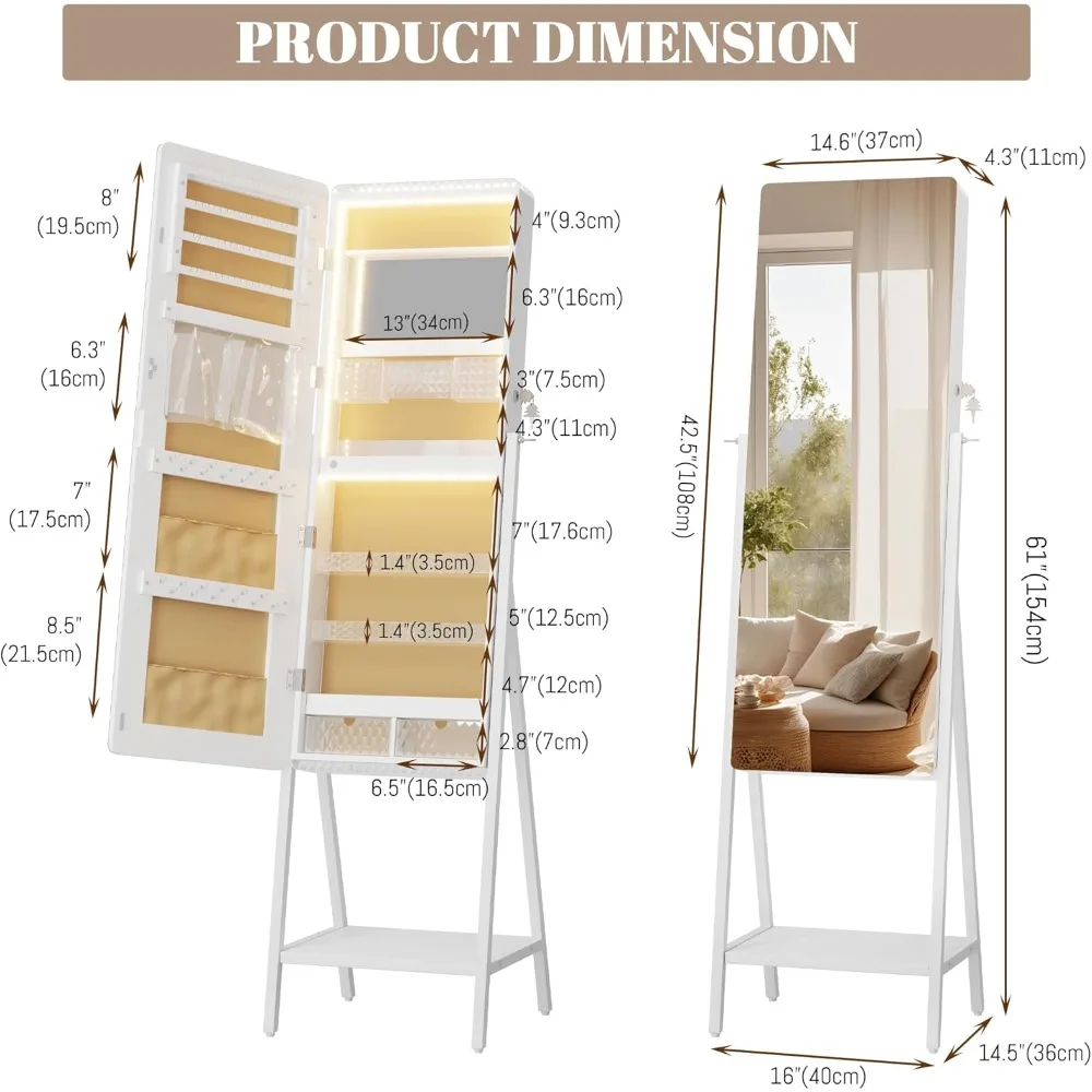 Upright LED Jewelry Mirror Cabinet with Full-Length Reflection and Lockable Storage