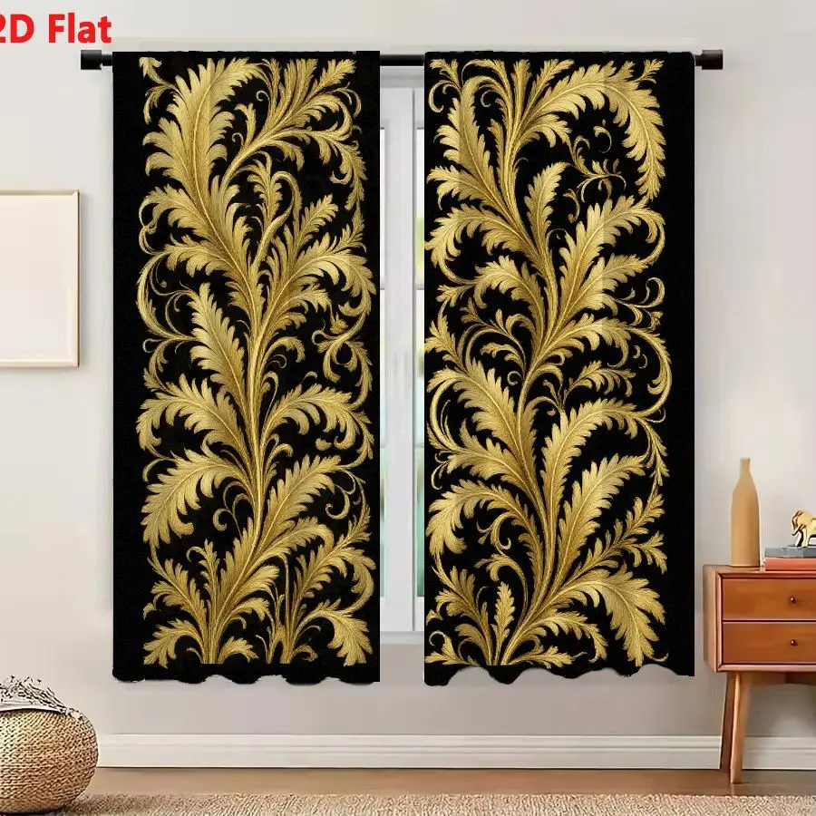 2Pcs Curtains 2D Flat Ornate Golden Symmetrical Vertical Patterns With Stylized Feather - Like Leaves Swirling Vines Against Bla
