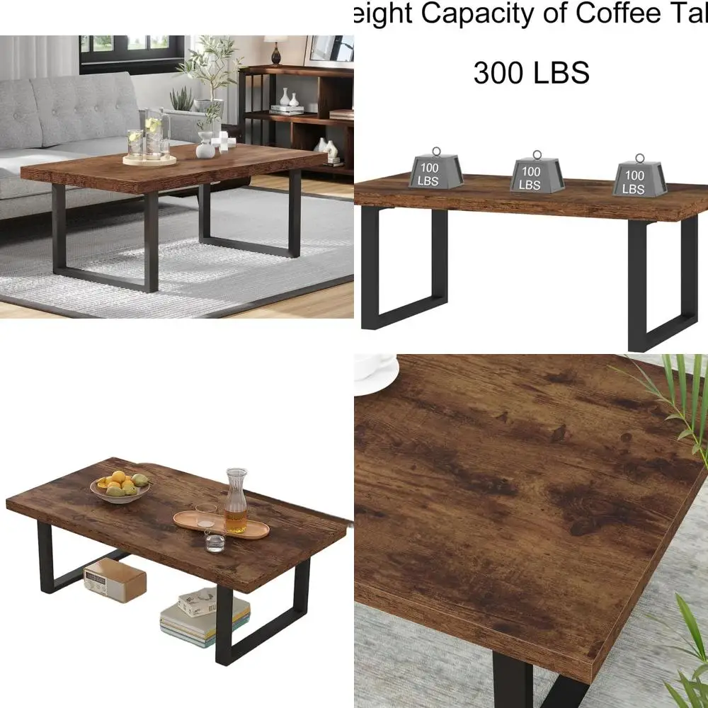 

Vintage Rustic Coffee Table, 47 Minimalist Wood & Metal, Brown Industrial Style for Living Room