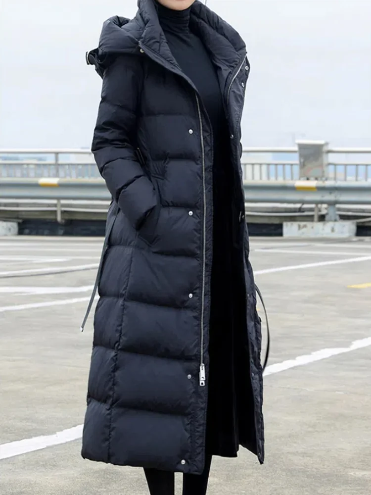 Women\'s Long Coats Down Fashion White Duck Down Coats with Belt Slim Solid Color Oversized Thickened Warm Hooded Down Jacket