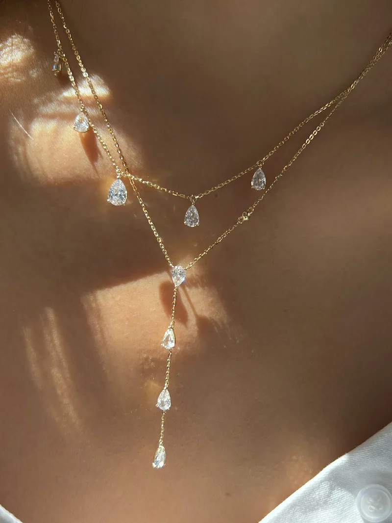 2024 Shiny Zirkon Droplet Overlay Set mit Doppelschicht Gold Farbe Kette Halskette Party frauen Exquisite Schmuck Halskette Acc – Detail 1
