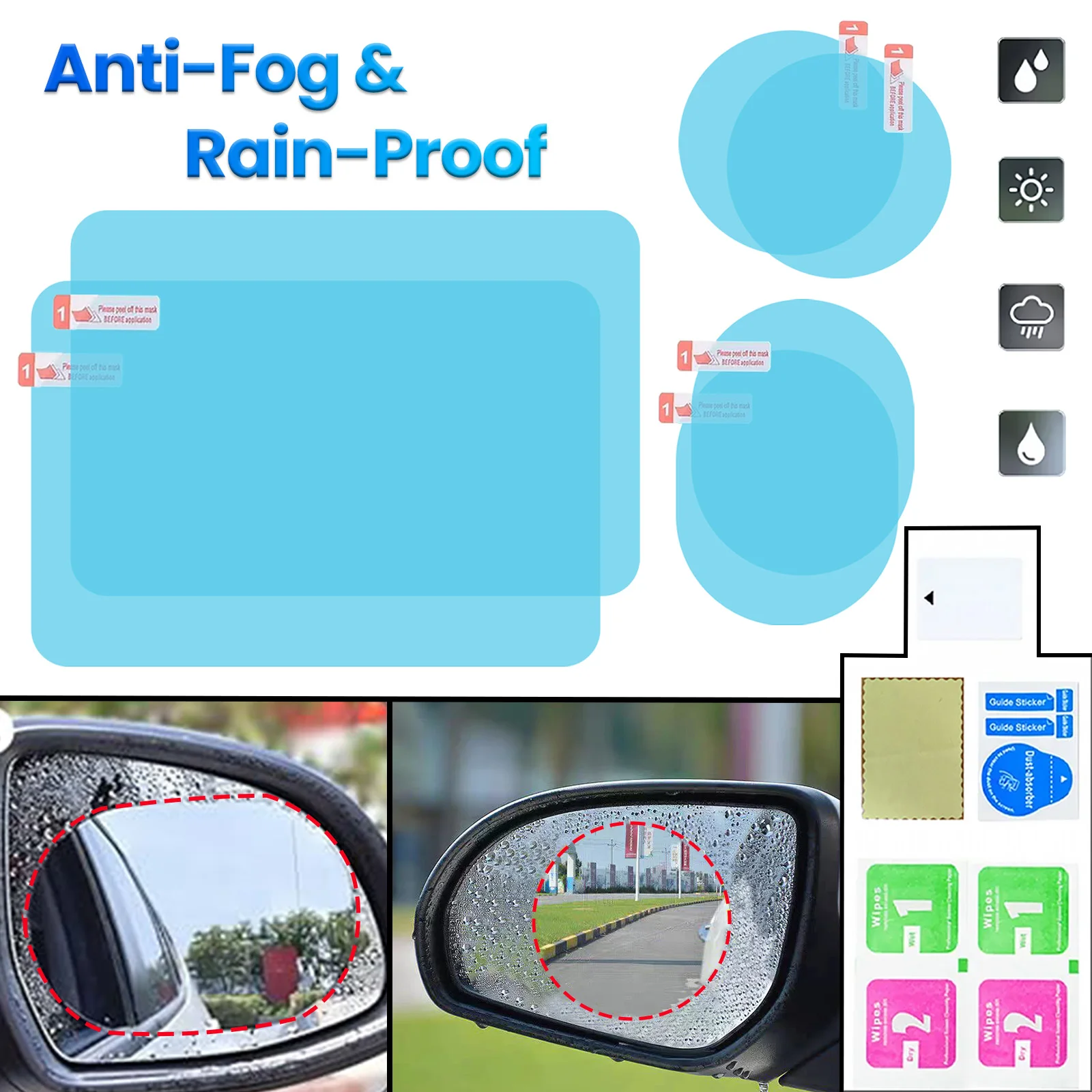 For All Sizes Set Auto Side Rearview Sticker Mirror Rainproof Anti Water Anti-Fog Film Protect  Clear Sight Universal 1 / 2PCS