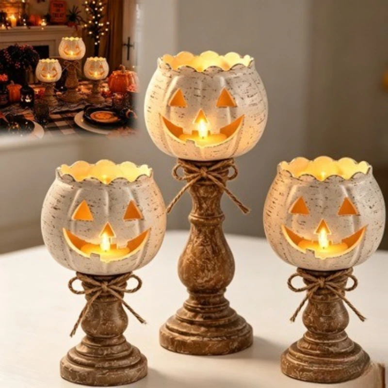 Halloween White Pumpkin Candle Holder Resin Craft Ornament, Elegant Lantern Figurine for Tabletop Home Decor & Festive Display