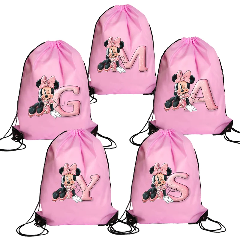 Disney Minnie Non-woven Fabrics 26 letters Drawstring Watertight Shopping Knapsack Bags Cartoon Printing Large Capacity Handbag