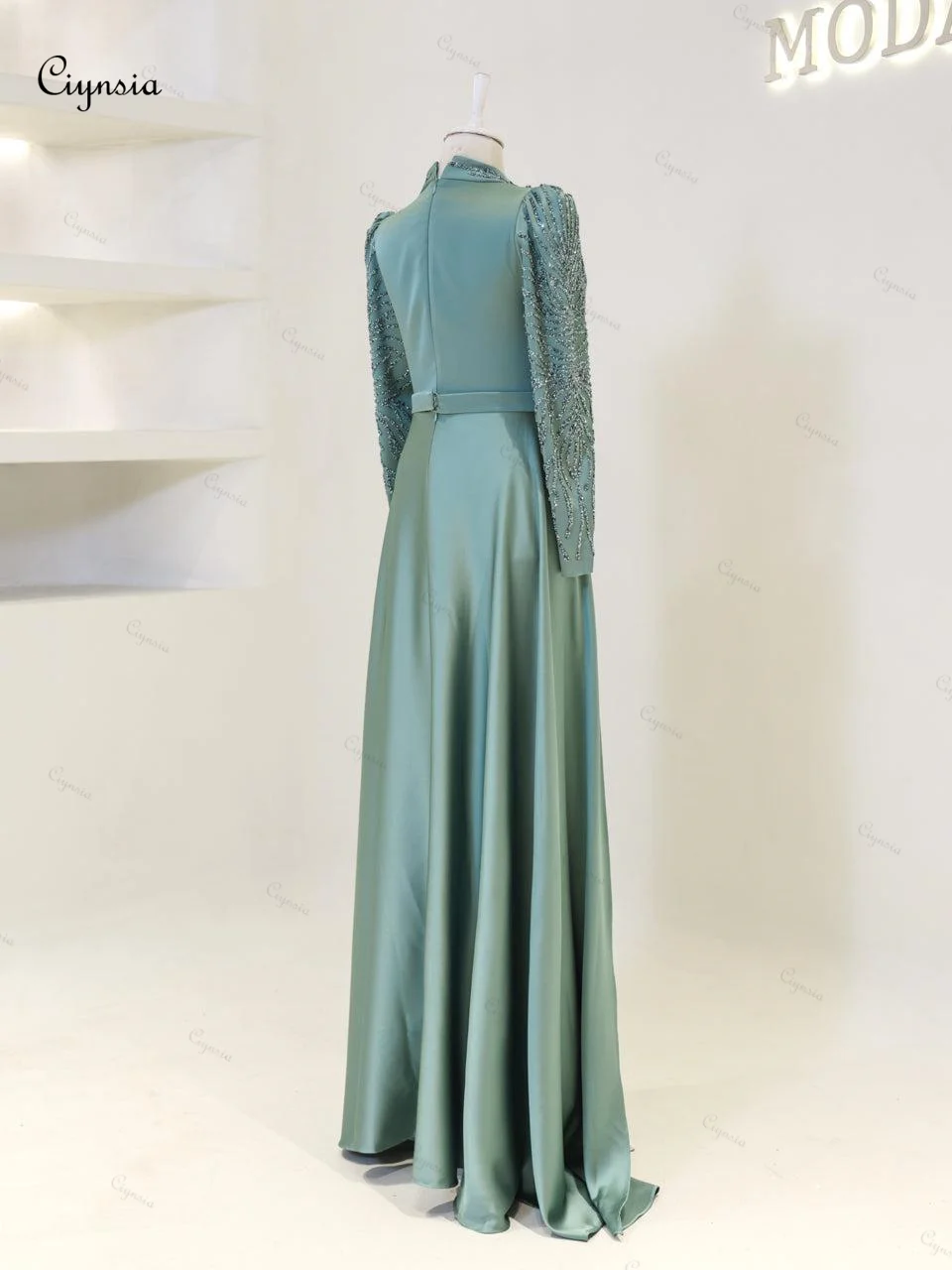 Ciynsia Abendkleider Islamic Muslim Evening Dresses Woman Elegant Mermaid Beaded Satin Long Sleeve Formal Dress Vestidos De Gala