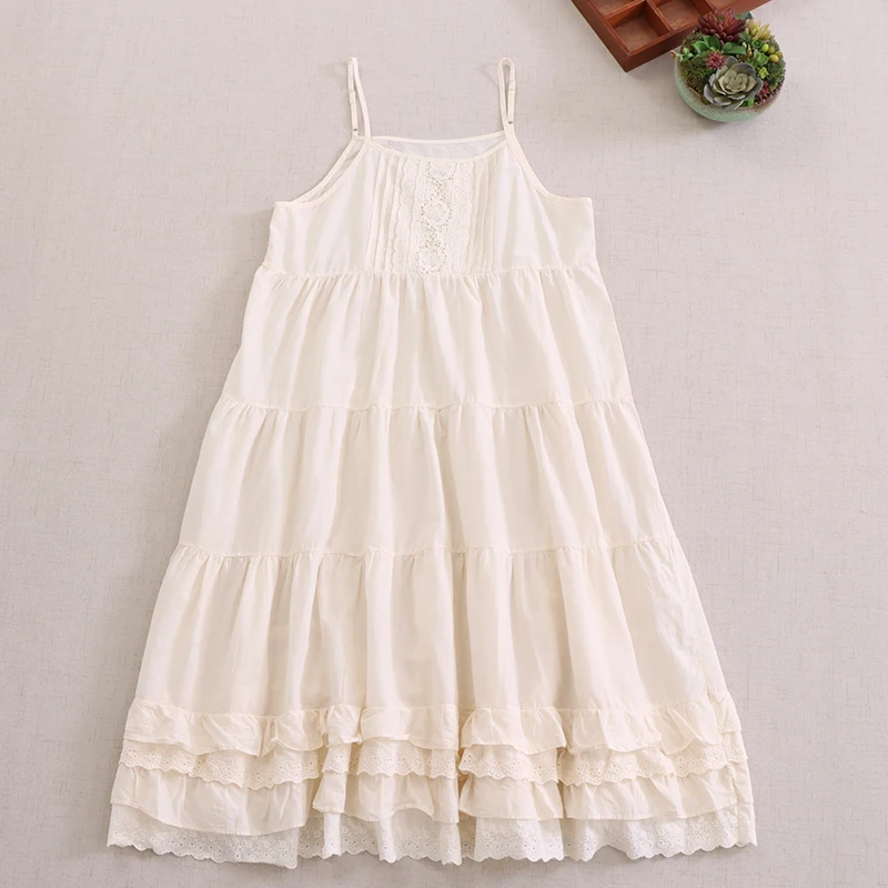 

Japanese Sweet Mori Girl Spaghetti Strap Slip Cotton Dress Women Summer Sleeveless Casual Loose Multi Layer Lace Cake Skirt