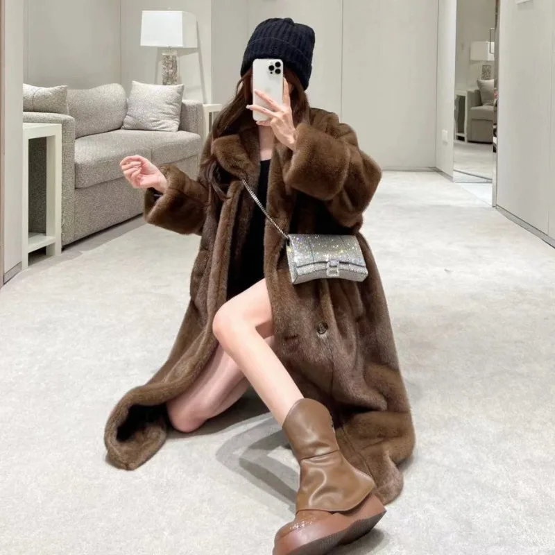 Imitation Mink Fur Overcoat Women Winter Thicken Thermal Double Breasted Faux Fur Coat Long Slim Fashion Casual Outwear 2023 New