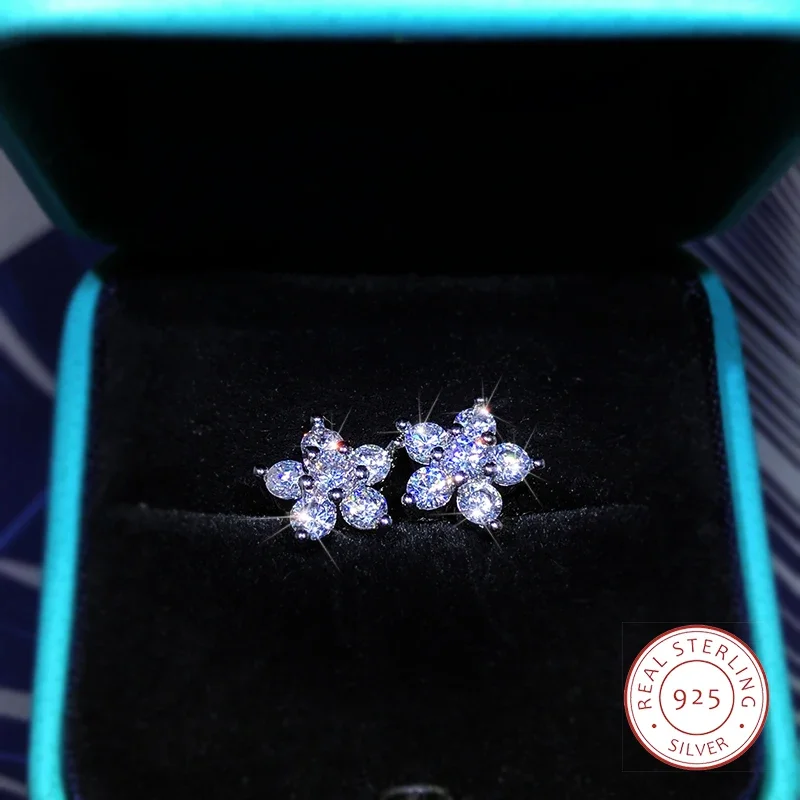 

925 Sterling Silver Stud Earrings Fashion Full Diamond Plum Blossom Earrings Personality Earrings Zirconium Diamond Jewelry