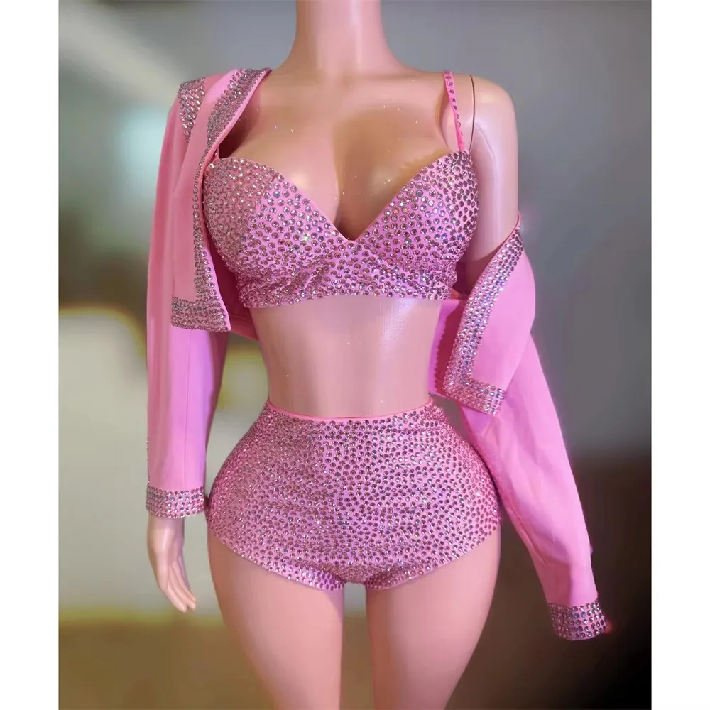 

Sexy Fashion Women Pink Rhinestones Bikini Coat Set Birthday Evening Event Photo Shoot Outfit Singer Dancer Performance Costume