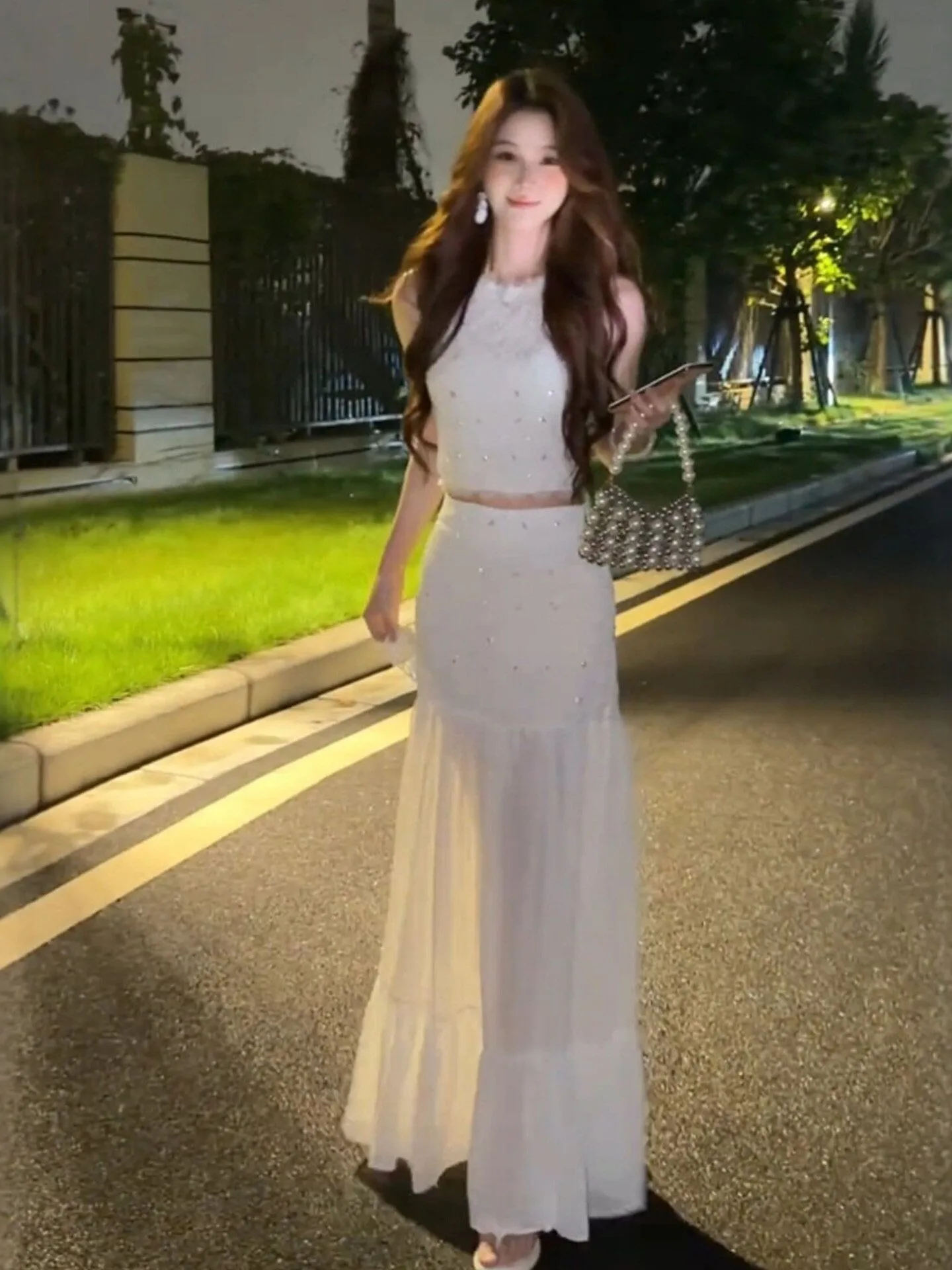 

Korean Style Fashionable Halter Top Skirt Set Summer 2026 Comfortable High Waist Long Skirt Mid-Sleeve round Neck Vest Set
