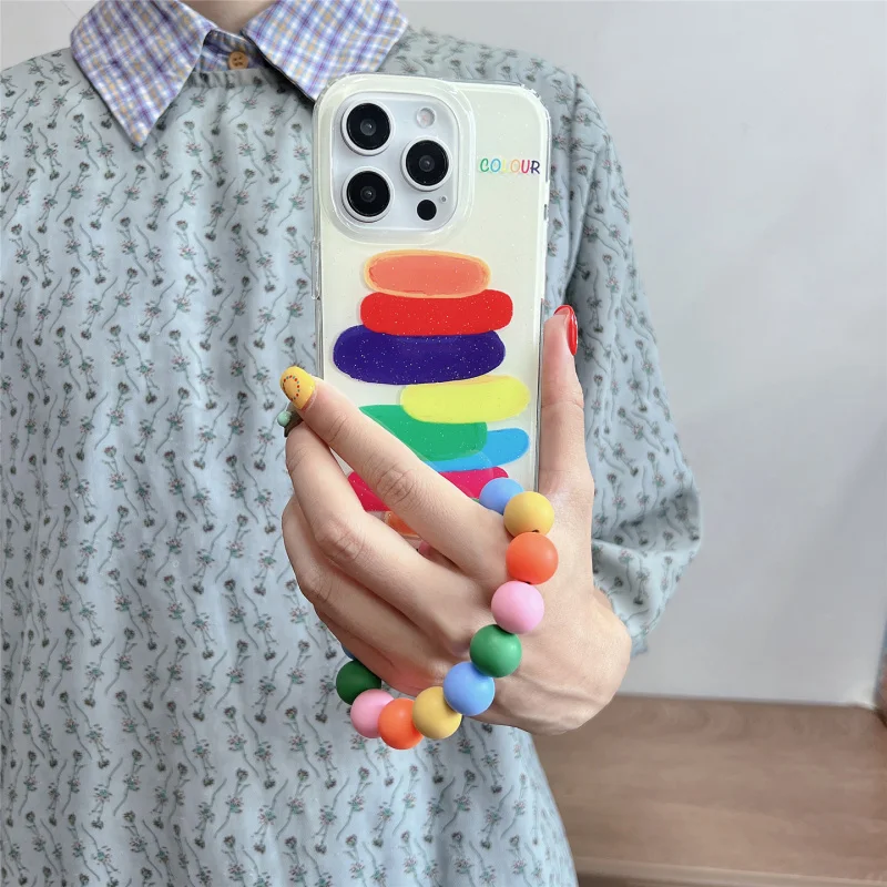

Korean Style Rainbow Gradient Graffiti with Handheld Ring Phone Case Suitable foriphone15promax，Wrist Portable Fashion