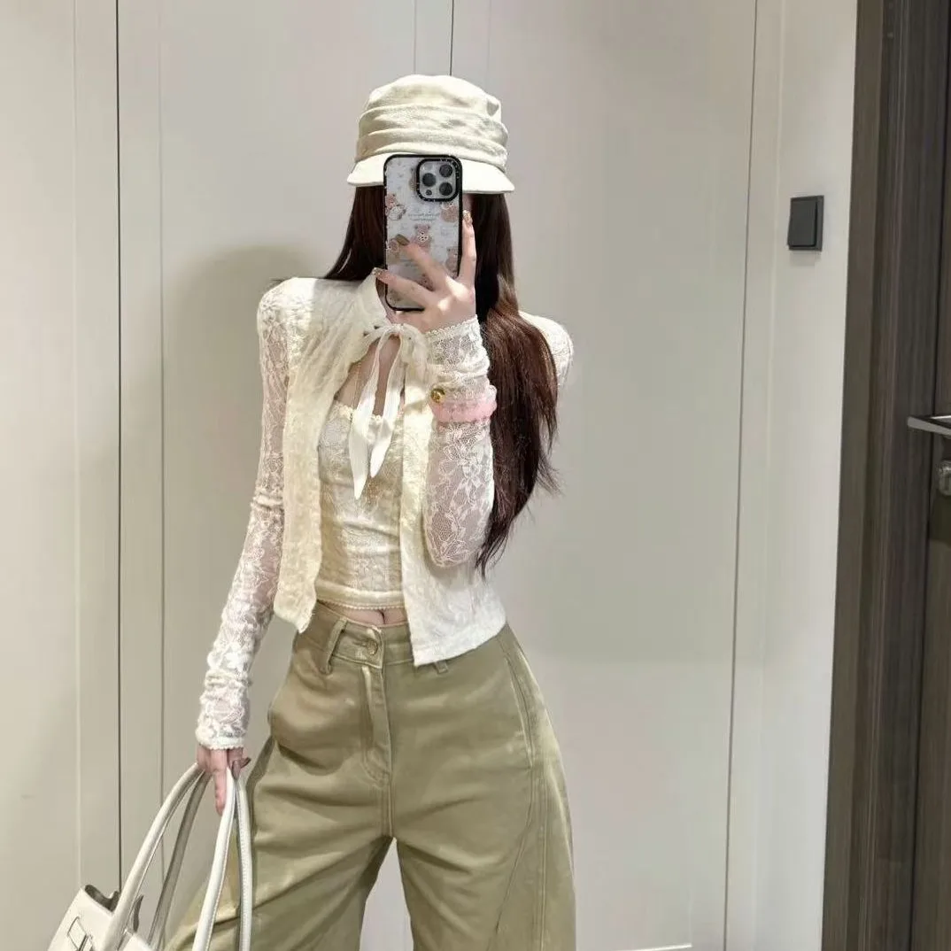 

Faionable Lace Knot Belted Open Cardigan plus Strap Vest Women's Set Autumn New Sle Casual Long Sve Outfit