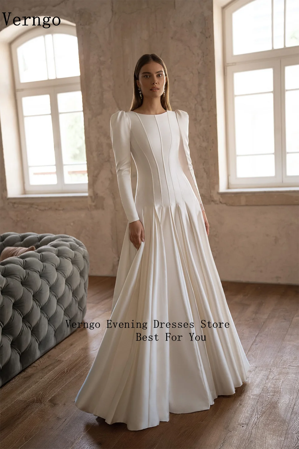 فستان سهرة من الساتان من Verngo lvory برقبة قارب وأكمام طويلة على شكل حرف A فساتين مناسبة رسمية أنيقة فستان حفلات ماكسي مخصص #3