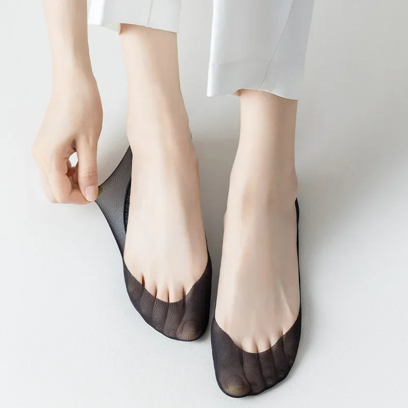 

Black Women Invisible Sock Slippers Cotton Bottom Ices Silk No Show Socks Silicone Non-slip Meshes Breathable Low Cut Boat Socks