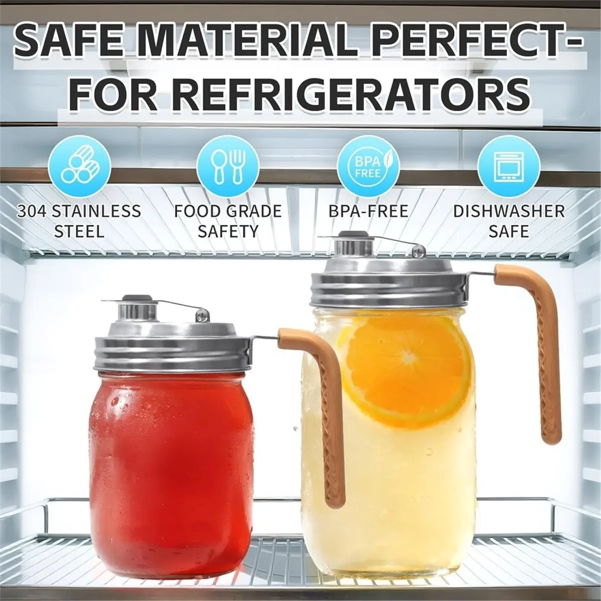 Multi-use Gear MasonJar Pour Spout Lids with Handle,Leakproof Flip Cap for Wide MouthJars, Airtight Stainless Steel Tops with Ha