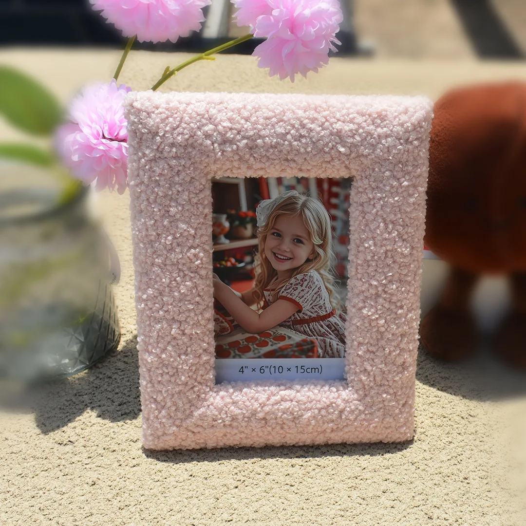 Pink Plush Photo Frame, 6 Inches Teddy Fleece Square Hollow Photo Frame. European/american Exquisite Tablecloth Set