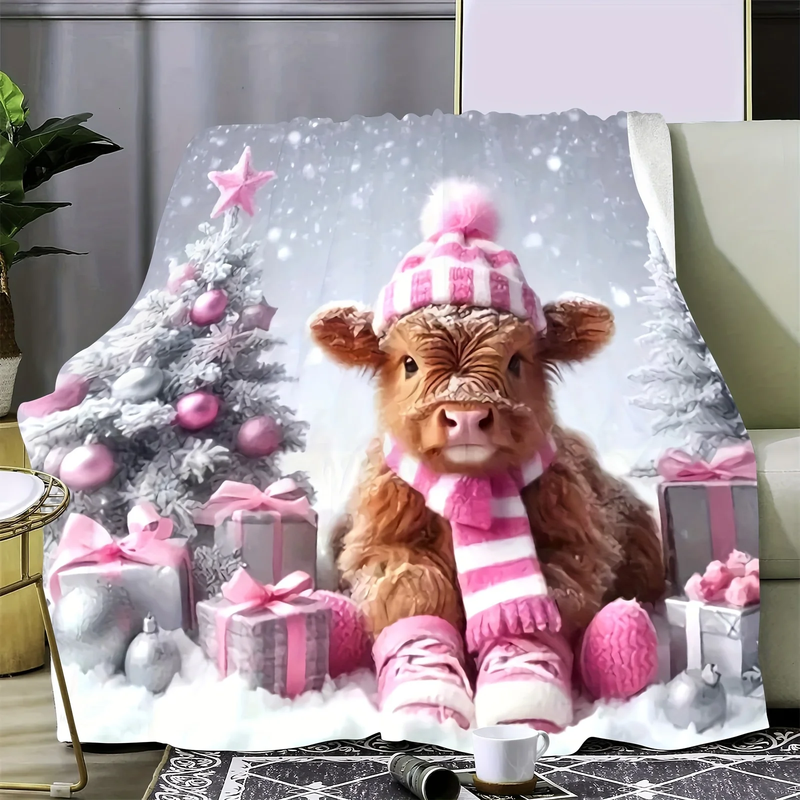 1pc, Highland Cow Flannel Blanket, 3D HD Print, Bohemian Style, Mixed Colors, All-Season, Multi-Purpose, Soft Knitted, Quilted