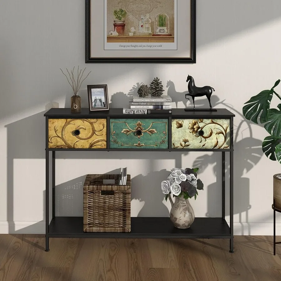 Entryway Console Table with 3 Retro Flowers Fabric Drawers Boho rrow Long Behind Couch Farmhouse Sofa Table with Bottom Open St