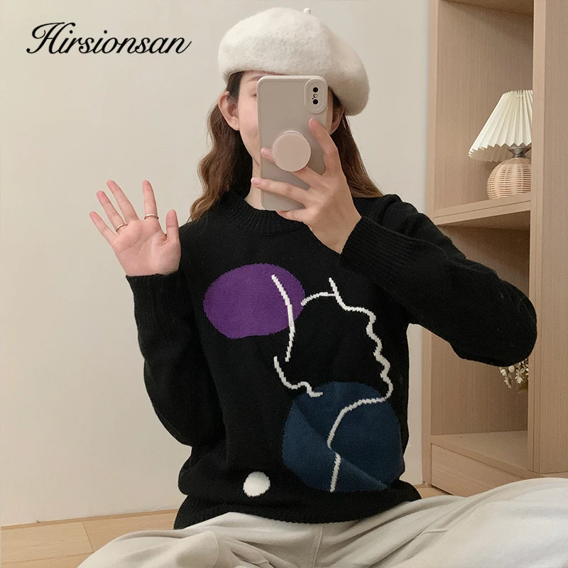 Hirsionsan Elegant Soft Sweater Women 2023 Winter Korean Abstract Character Embroidery Knitted Pullovers Casual Female Jumper