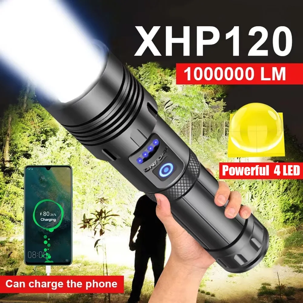 XHP120 Senter Led Super Kuat Senter Taktis Isi Ulang Daya Tinggi Menggunakan Baterai 26650 Lentera Pancing Berkemah Luar Ruangan