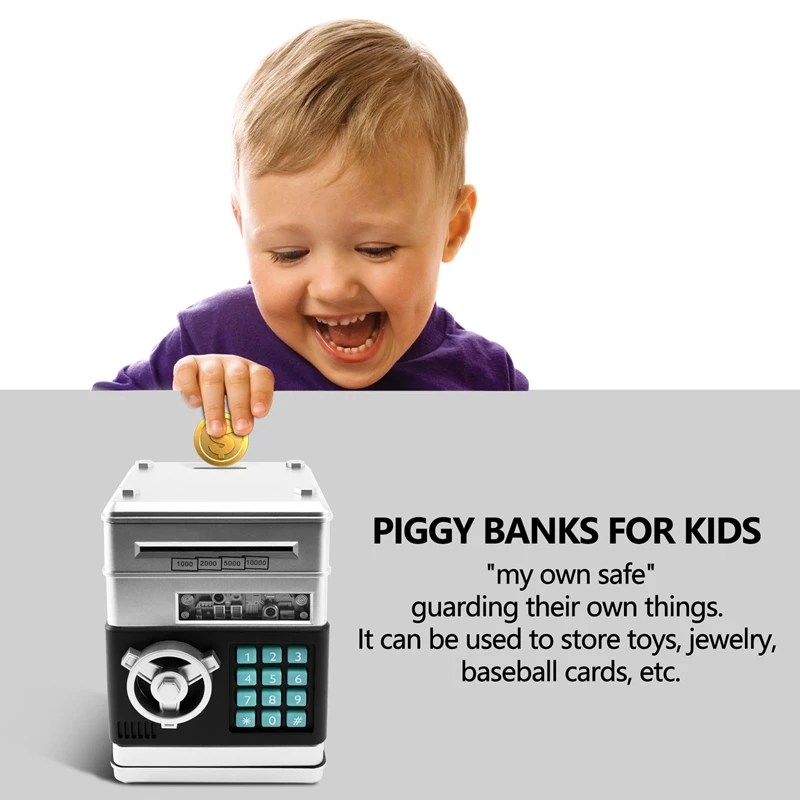 Cartoon Electronic ATM Password Piggy Bank Cash Coin Can Auto Scroll Paper Money Saving Box Gift For Kids (Silvery+Black)