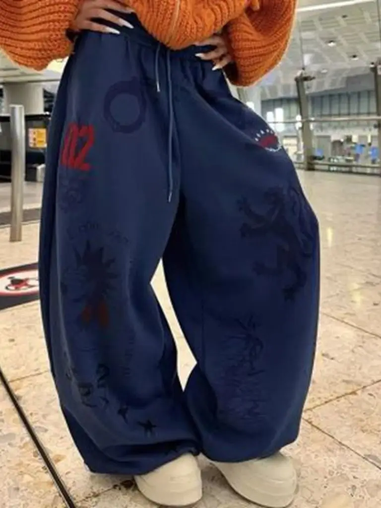 American Retro Letter Embroidery Hand-Painted Printed Sweatpants For Women, Fashionable Loose And Casual Wide Leg Pants