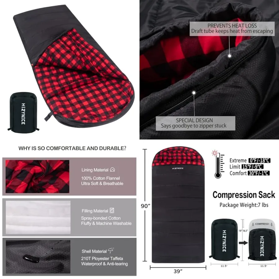 

Cold Weather Sleeping Bag 100 Cotton Flannel XXL for Adults Big and Tall, Free Compression Sack
