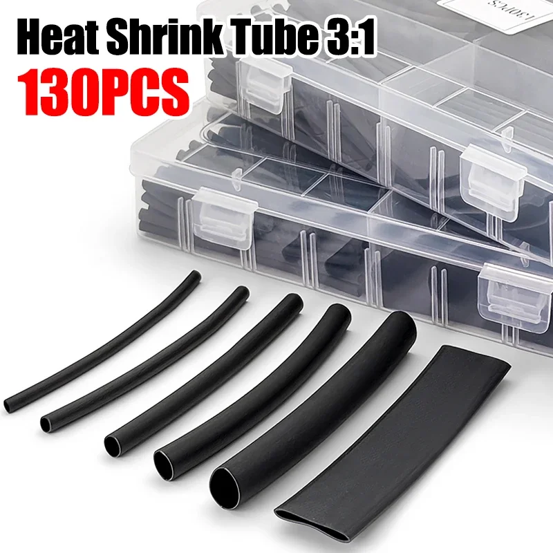 130Pcs 3:1 Black Waterproof Heat Shrink Tube Flame Retardant For Water Pump Air Compressor Motor Internal Wire Sealing Fix