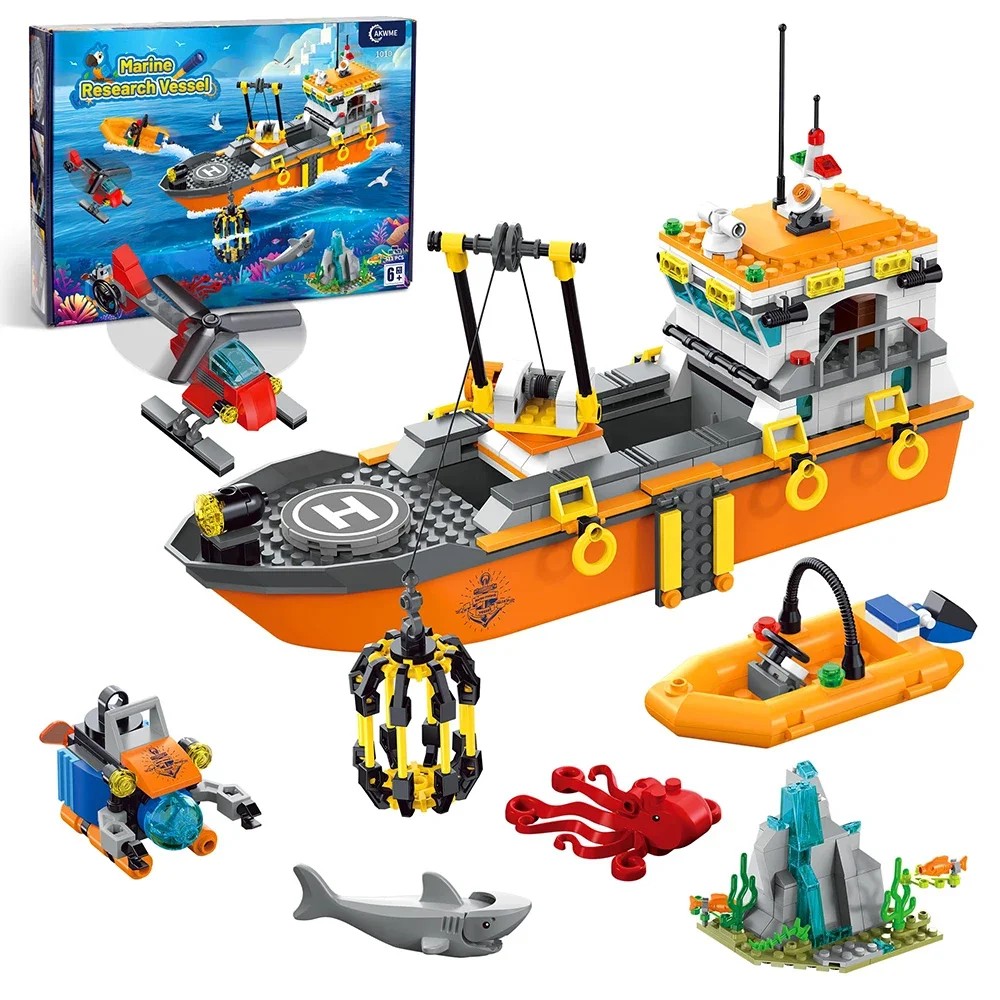 City Oceans Fishing Boat Trawler Bricks With Lighting Pirate Ship Animal Shark Building Blocks Model Assembe Educational Toys