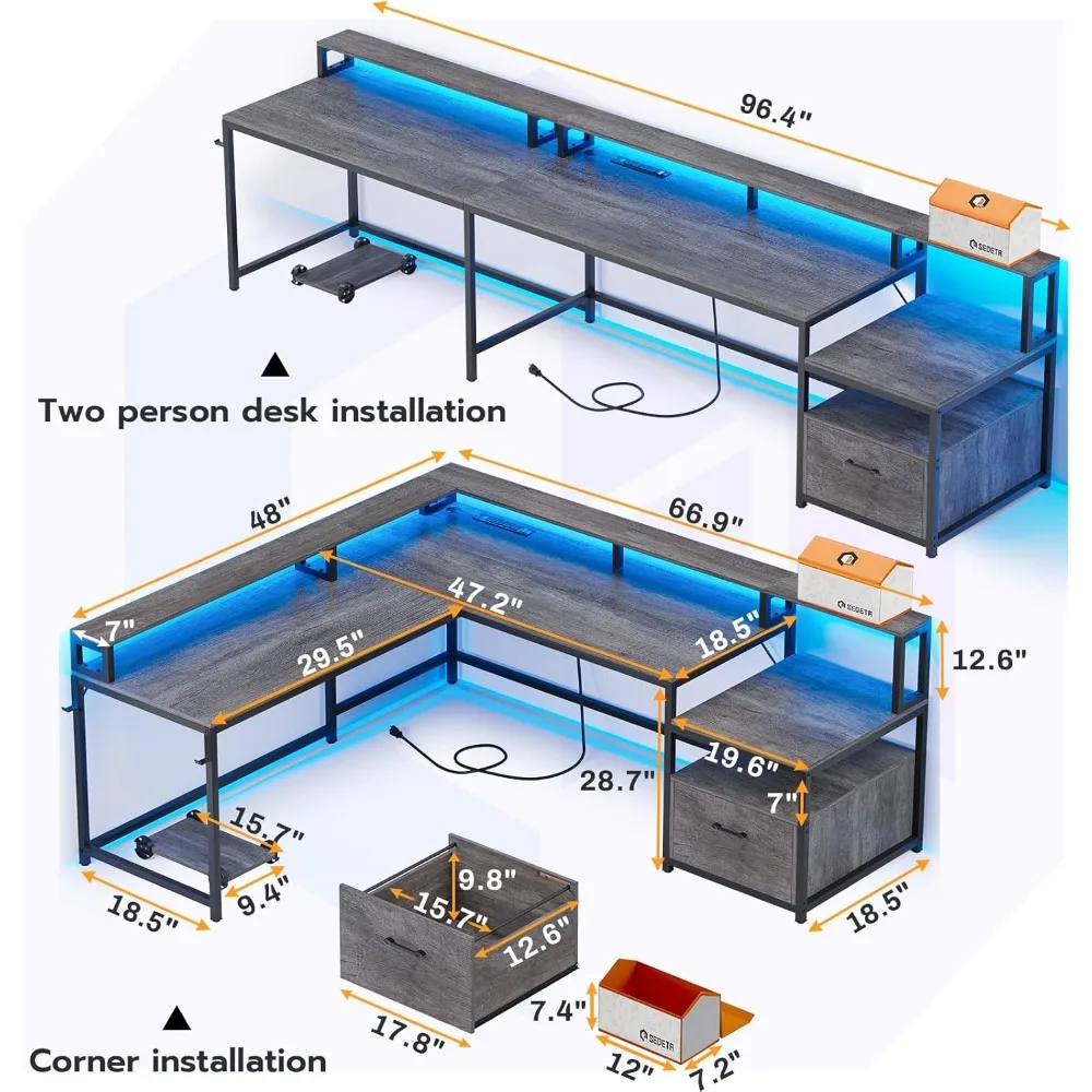 L자형 사무실 책상, 66 인치 홈 오피스 책상, 파일 서랍 및 전원 콘센트, LED 조명 게이밍 책상