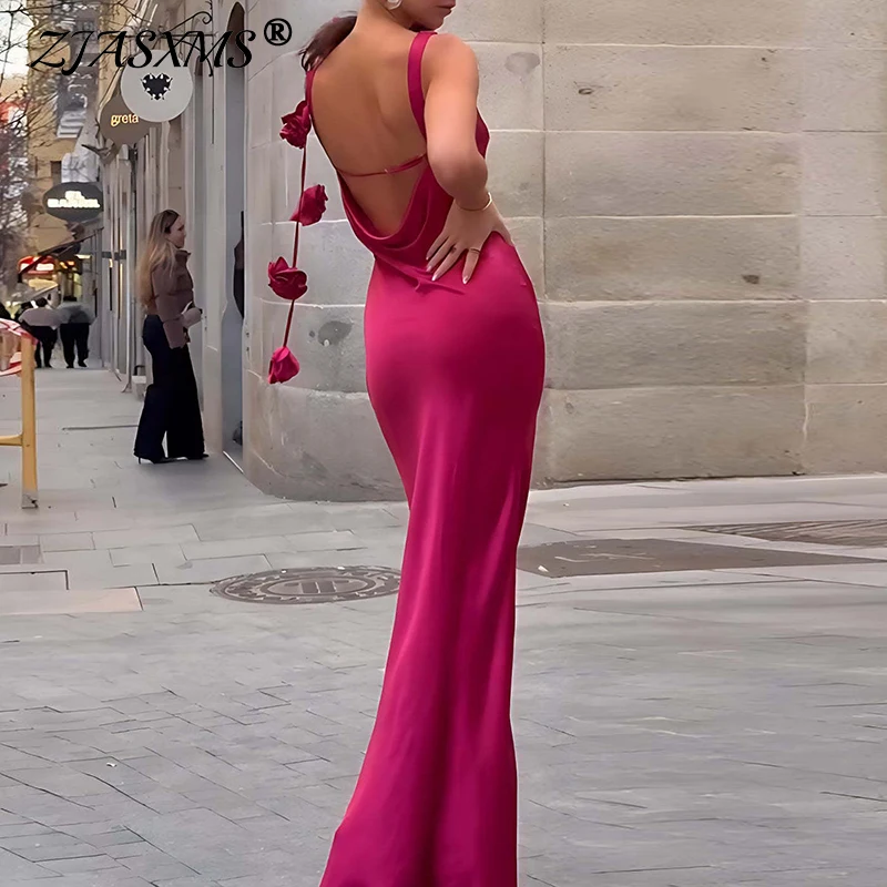 Mode mince solide longue robes de soirée de bal femmes robe loisirs sans manches Sexy dos nu robe été nouvelle fleur décoration robe