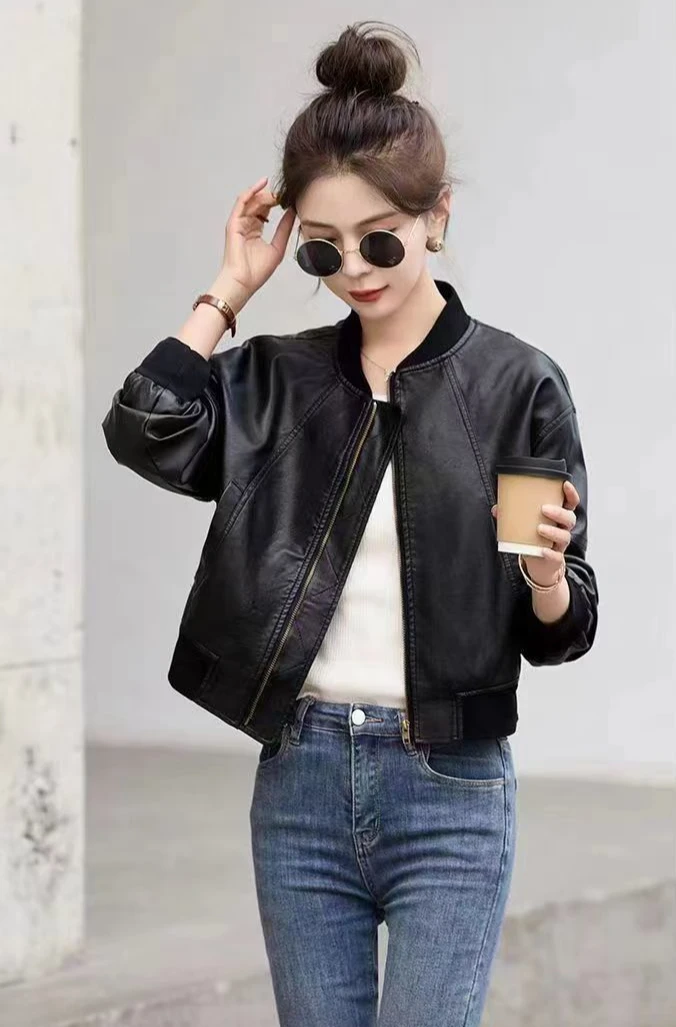 Hot Short Bomber Jacket for Women Spring Autumn Brown PU Leather Baseball Aviator Coat Woman Harajuku Pretty Luxury High Quality